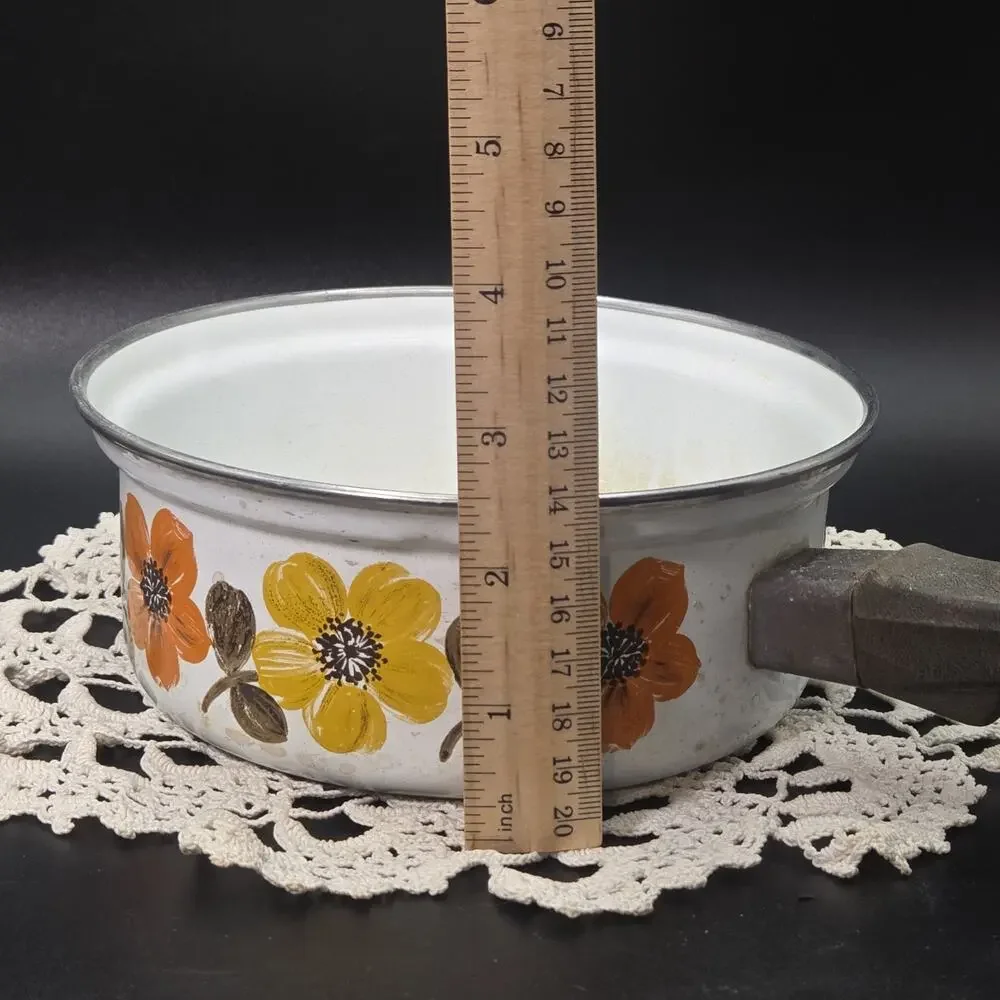 Austria Email Sauce Pan Skillet Enamelware Mod Flowers 70's Boho Cottage VTG MCM